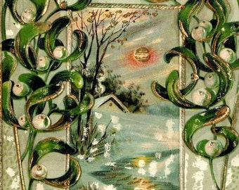 c1910 Christmas Greetings Postcard Winter Scene Mistletoe Holly Berries Saxony