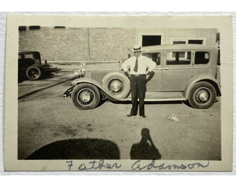 1930 Ford Model A? Black White Photo 1937 Suntone Print Father Adamson In Front