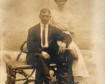 RPPC c1930 Handsome Gentleman Lady Couple Studio Portrait AZO Divided Postcard