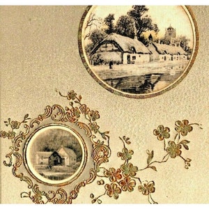 1907 Scènes de village Vignettes sur soie Carte postale européenne en relief Accents dorés