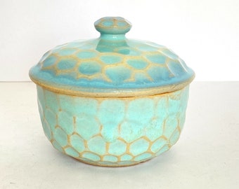 Vintage Celadon Blue Green Honeycomb Glazed Covered Bowl Lid Trinket Box 3.2"