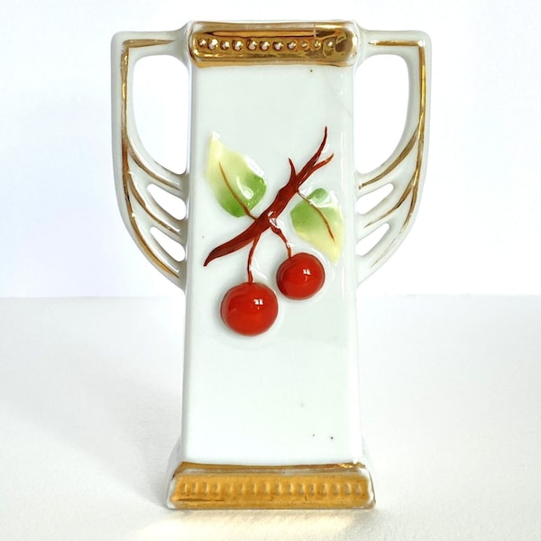 Cherries Hand Painted Relief Gold Trim Amphora Numbered Rectangle Mantle Vase 5"