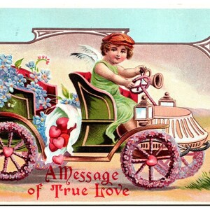 Cartão Postal 1910 Valentines Cupid Driving Car Hearts Flowers Mensagem Amor Verdadeiro