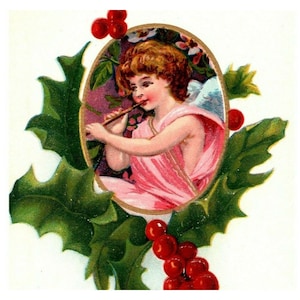 c1908 Cartolina di buon Natale Angelo che suona il flauto Bacche di agrifoglio in rilievo dalla Germania