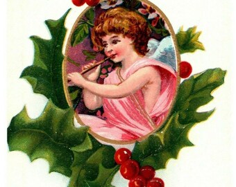 ok. 1908 Wesołych Świąt Bożego Narodzenia pocztówka Anioł grający na flecie Jagody ostrokrzewu wytłoczone z Niemiec