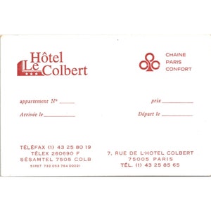 Vintage Colbert Hotel Business Card Paris France Near Notre Dame Map of Paris