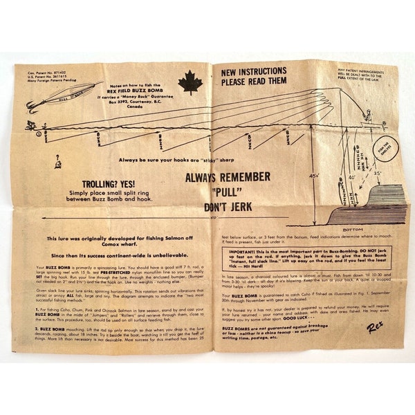 Vintage Rex Field Buzz Bomb Insert Brochure Trolling Instructions BC Canada