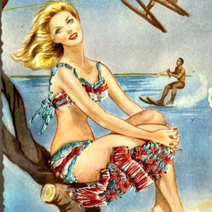 Vintage Postkarte Bikini Girl Miami Beach Seide bestickt signiert ELSI GUMIER #5