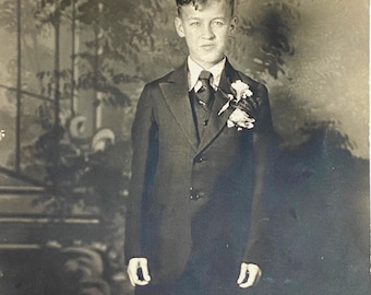 RPPC c1930s Young Boy Suit Tie Argyle Gel Silver AZO Divided Back Postcard