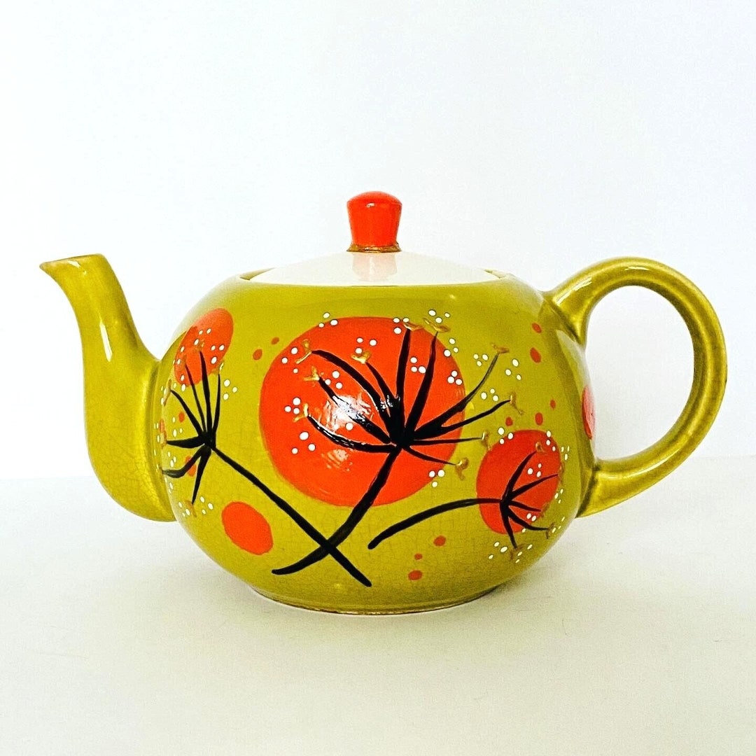 Vintage Teapot Custom Hand Painted Crackle Base Green Orange Gold White ...