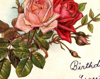 1910 Auguri di compleanno Rose rosa rosse Accenti dorati Cartolina in rilievo