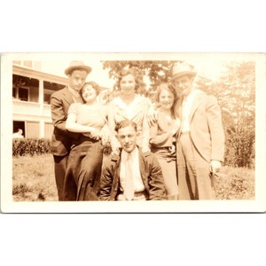 c1920 Vintage 3 Young Men and Women Outside Faded Photograph