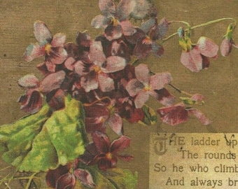 Cartão Postal 1912 Pansies Flowers Citação Fundo em Relevo Dourado Estilo Art Deco