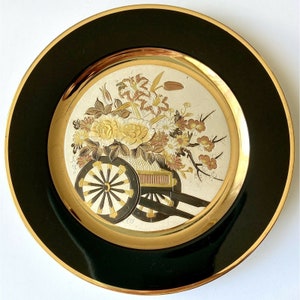 1983 Imperial Chokin Floral 9" Czarny Złoty Orientalny Talerz Yoshinobu Hara Vintage
