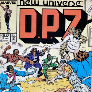 May include: A comic book cover featuring a group of characters in a fight scene. The cover is titled "DP7" and is part of the "New Universe" series. The cover is in a yellow, orange, and red colour scheme.