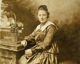 1917 RPPC Young Woman Roses Renslers Studio Cincinnati Real Photo Postcard AZO