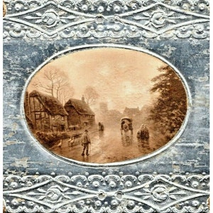 1919 Cartolina europea fustellata Lacy Silver Gold Cut Outs Portogallo Village Scene