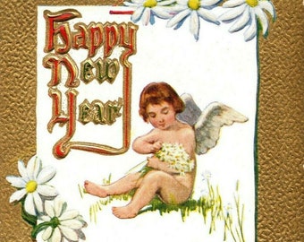 c1920 Happy New Year Greetings Angel Daisies Ansichtkaart in reliëf Divided Back