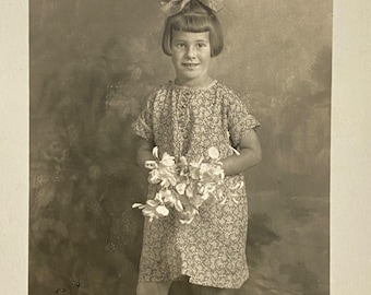 RPPC 1920s Young Swiss Girl Holding Flowers Bouquet Real Photo Postcard