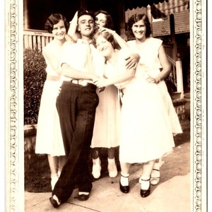 c1935 Vintage Popular Guy Man Women Front of Boarding House Awning Photograph