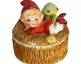 HOMCO Pixie Elf Toadstool Mushroom Trinket Box Ręcznie Malowana Porcelana Kłodowa Vintage MCM
