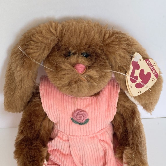 1990s Rose Bunny Plush Pink Jumpsuit TY Attic Treasures Beanie