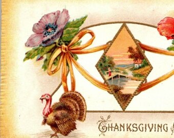 c1910 Thanksgiving Salutations Turquie Fleurs Pont Paysage Carte Postale En Relief