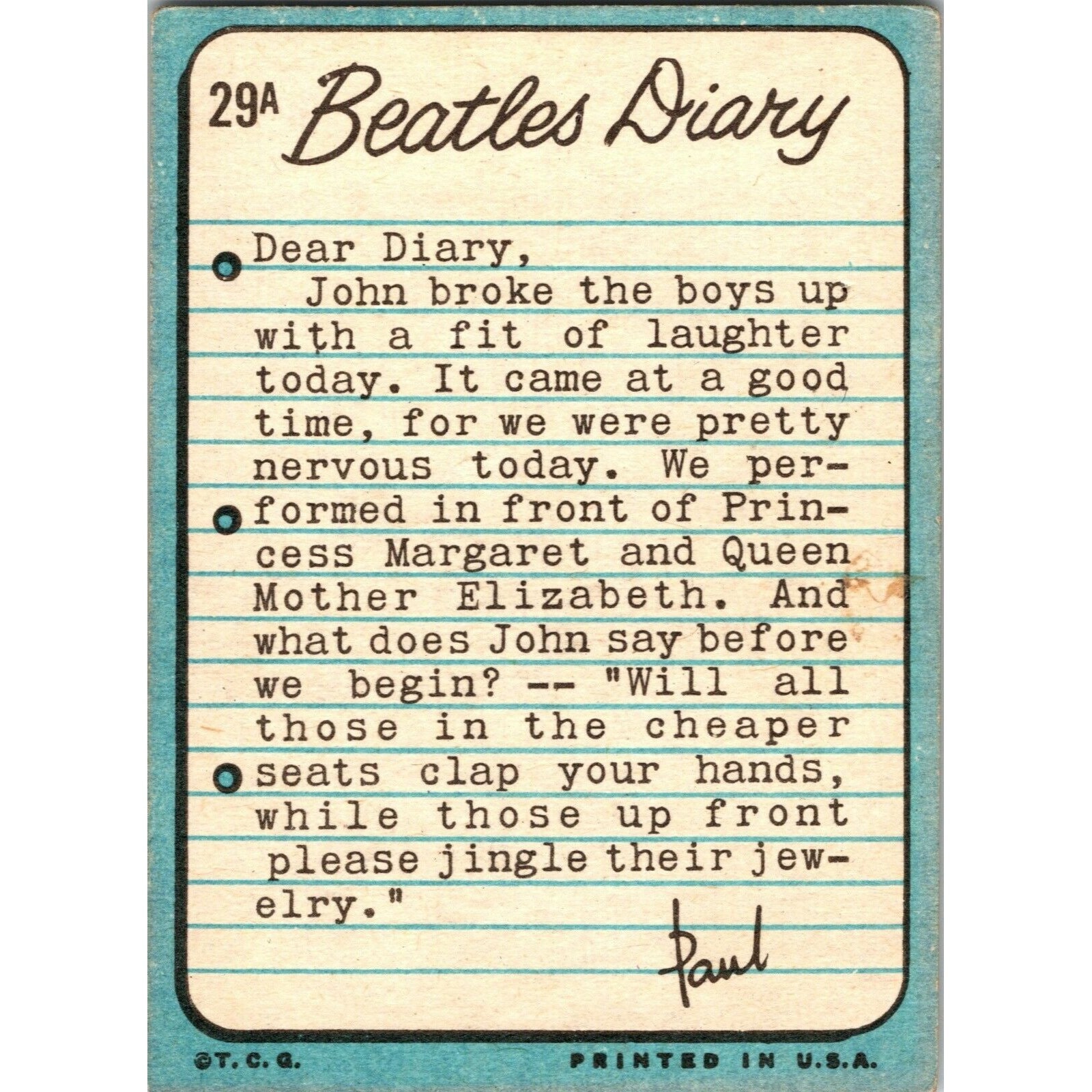 1964 Beatles Diary Cards #29A John Lennon TOPPS TCG Paul Speaking