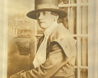 1918 RPPC Young Woman In Hat Ascot Tie Fashion Coat Real Photo Postcard AZO