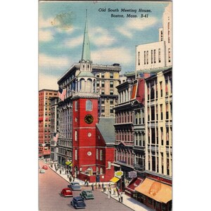 1945 Old South Meeting House Flag Cars People Street Boston Mass Linen Carte postale