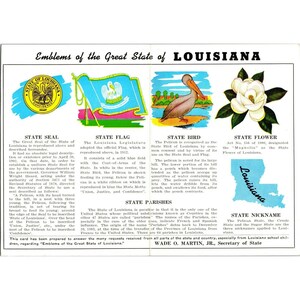 c1970 Emblemas do estado de Louisiana e cartão postal grande dobrável do Capitólio não publicado