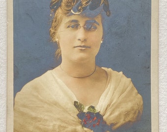 c1910 Young Lady Glasses DeYoung NY Hand Tinted Black White Vintage Postcard