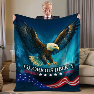 Bald Eagle American Flag Blanket | Patriotic Fleece Throw with Statue of Liberty | 4th of July USA Home Decor
