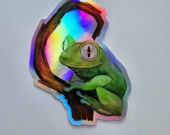 Holographic Frog Sticker, Happy Frog on Stick, Cute Laptop Decal