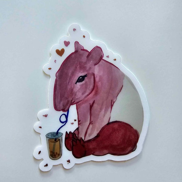 Kawaii Pink Tapir Sticker, Bubble Tea Drink