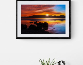 Impresión del atardecer en el lago Lomond, fotografía de las Tierras Altas de Escocia, decoración de pared de bellas artes