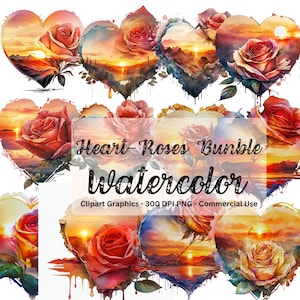 Rose Heart Clipart Watercolor Floral Sunset Clipart Rose Heart Sunset Clipart Flower Fantasy PNG format instant download for commercial use