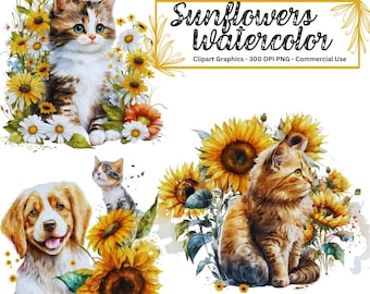 Watercolor Sunflower Clipart Bundle, Floral PNG (Commercial Use)