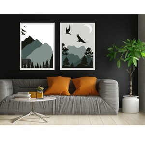 Berge Wandkunst, Sets. Von 2, Vögel Digitaldrucke, Querformat Digitaldrucke, Boho Sofortdrucke Querformat