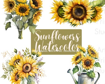Könnte beinhalten: Ein Set mit vier Aquarell-Illustrationen von Sonnenblumen. Die Sonnenblumen sind gelb mit braunen Zentren und grünen Blättern. Die Illustrationen sind perfekt, um Ihren Designs einen Hauch von Sommer zu verleihen.