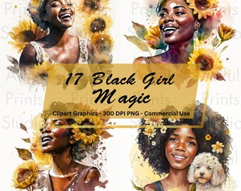 Watercolor Black Girl Sunflower Clipart, Commercial Use (Digital Download)