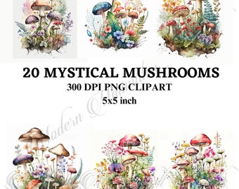Watercolor Mushroom Clipart Bundle, Mystical Forest Art (Digital Download)