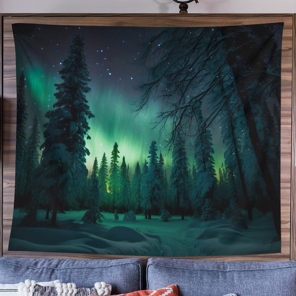 Northern Lights Tapestry, Snowy Tapestry, Nature Tapestry, Winter Tapestry, Snowy Forest, Wall Hanging, Bedroom, Dorm