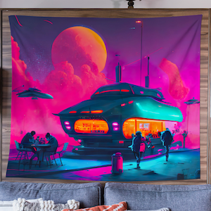 May include: A futuristic diner with a neon sign and a large, glowing moon in the background. The diner is a spaceship with a teal exterior and orange interior lights. People are standing in line to order food.