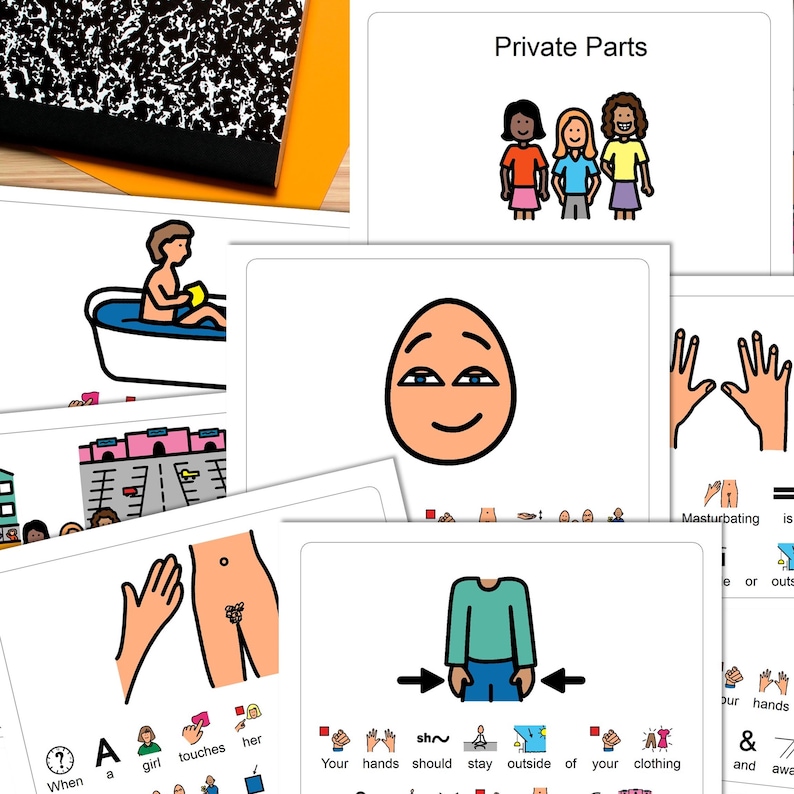 Puede incluir: Un conjunto de tarjetas educativas con ilustraciones y texto. Las tarjetas cubren temas como las partes del cuerpo y los l&iacute;mites personales. El texto incluye frases como "Partes privadas" y "Tus manos deben permanecer fuera de tu ropa."