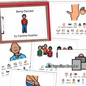 Puede incluir: Un conjunto de tarjetas educativas con ilustraciones y texto. Una tarjeta dice "Being Discreet" y presenta una figura de palo. Otras tarjetas cubren la pubertad y la salud sexual, con diagramas y frases.