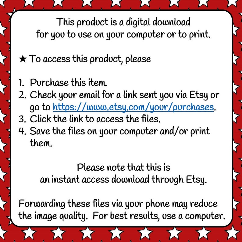 Puede incluir: Una tarjeta rectangular blanca con borde rojo y estrellas blancas. El texto explica c&oacute;mo acceder a una descarga digital comprada en Etsy. Las instrucciones incluyen comprar, revisar el correo electr&oacute;nico, hacer clic en un enlace y guardar archivos.