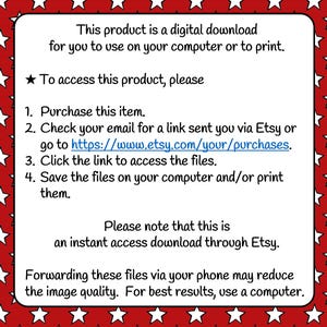 Puede incluir: Gr&aacute;fico rectangular blanco sobre fondo rojo con estrellas blancas. El texto explica c&oacute;mo acceder a una descarga digital comprada en Etsy, incluyendo los pasos para descargar e imprimir los archivos.