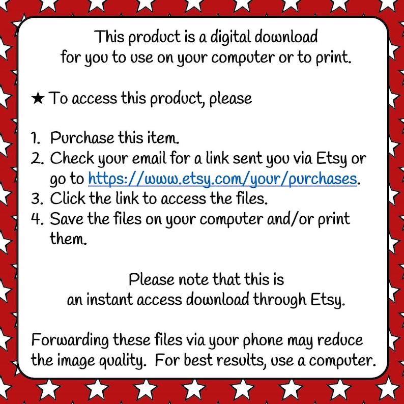 Puede incluir: Gr&aacute;fico rectangular blanco sobre fondo rojo con estrellas blancas. El texto explica c&oacute;mo acceder a una descarga digital comprada en Etsy, incluyendo los pasos para descargar e imprimir los archivos.