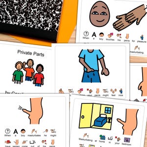 Puede incluir: Un conjunto de tarjetas ilustradas con texto e im&aacute;genes relacionadas con la educaci&oacute;n sexual. Las tarjetas presentan dibujos de personas y partes del cuerpo, con frases como "Partes privadas" y "masturbaci&oacute;n."